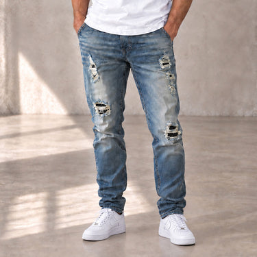 Sustainable Premium Ripped Jeans - Mid Blue Slub