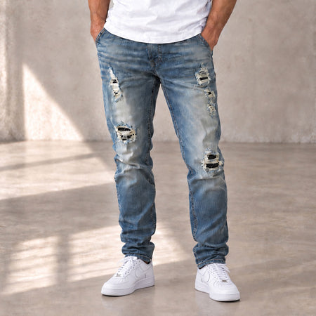 Sustainable Premium Ripped Jeans - Mid Blue Slub