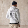 White pullover hoodie with large back graphic, hood and kangaroo pocket