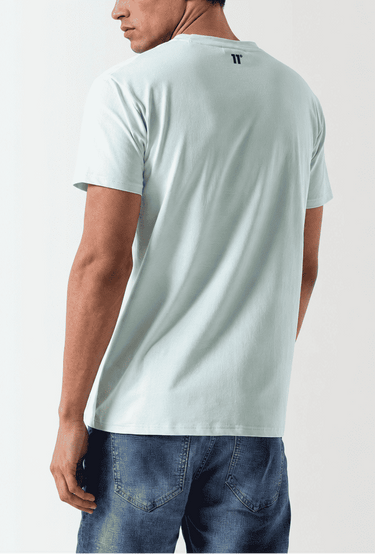 Men's fitted crewneck T-shirt, light glacier green, small back logo detail.